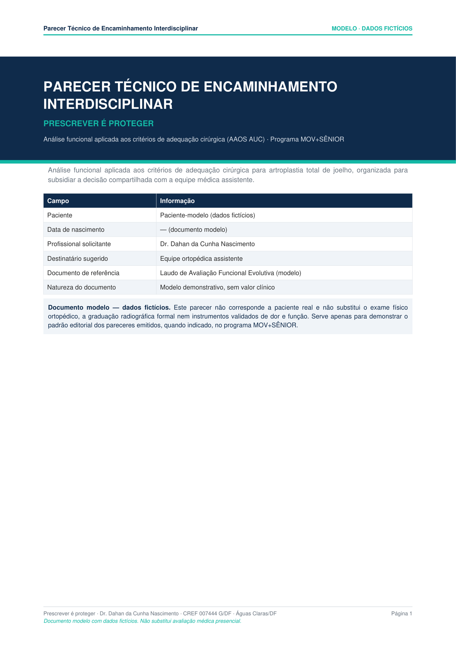 Modelo de parecer técnico de encaminhamento interdisciplinar emitido pelo Dr. Dahan da Cunha Nascimento